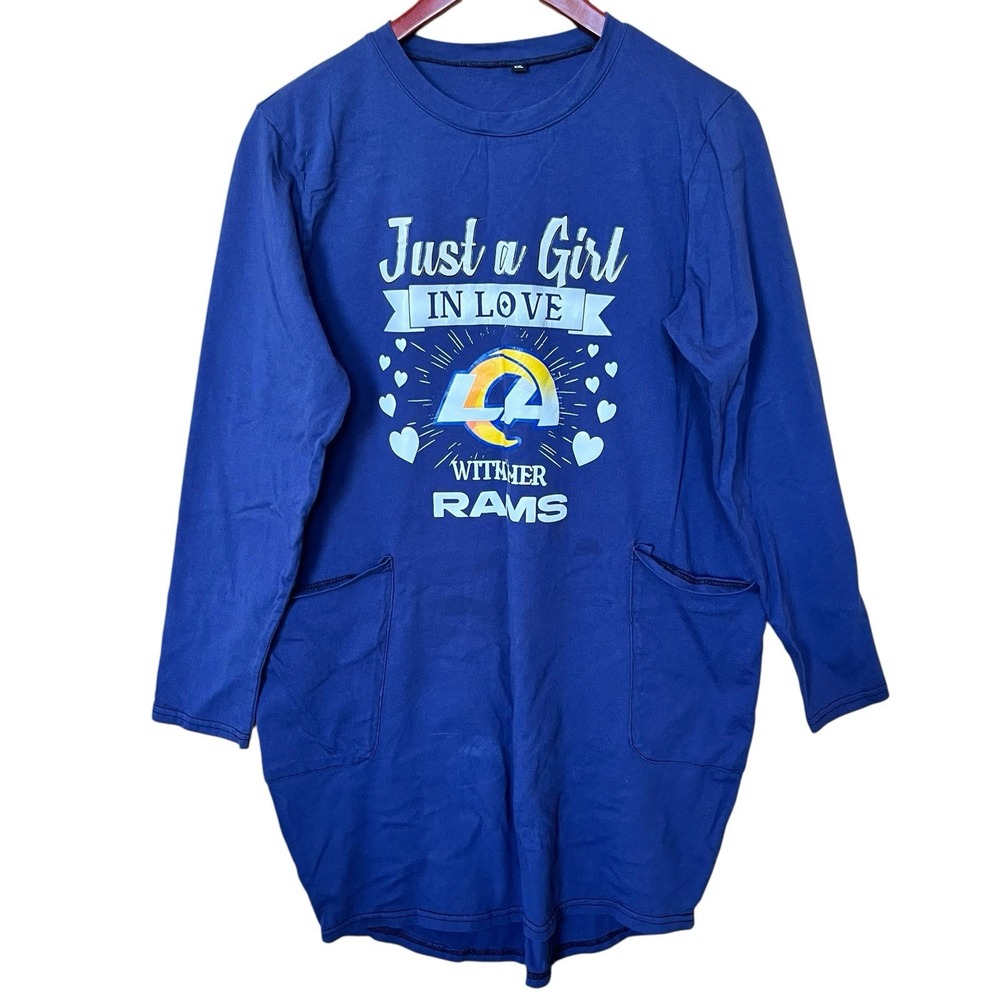 LA Rams Womens Pullover TShirt Dress Lounger XXL Blue NFL Just A Girl In Love T